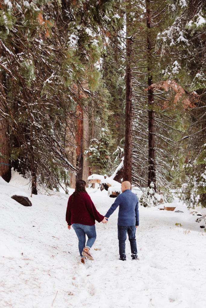 couple standing in a snowy forest