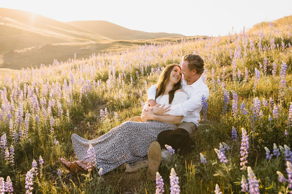 A romantic engagement session with wildflowers in Fresno California
