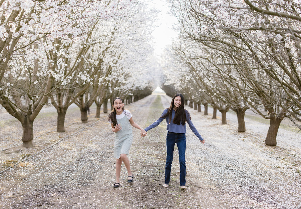 sisters posing in the almond bloom orchard in central valley california 