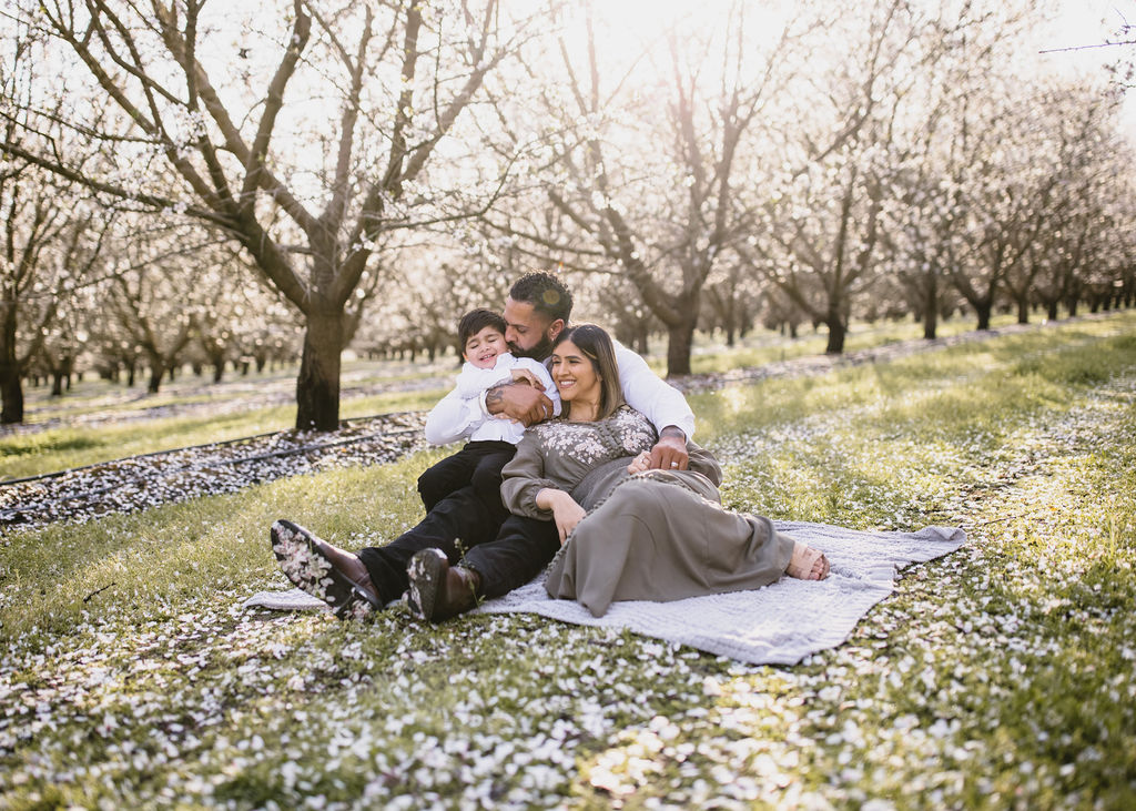 family photo session inthe almond bloom california orchards