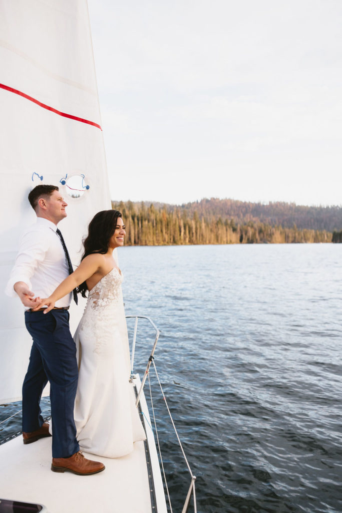 Bride and groom on a boat for China Peak Fresno venue in CA