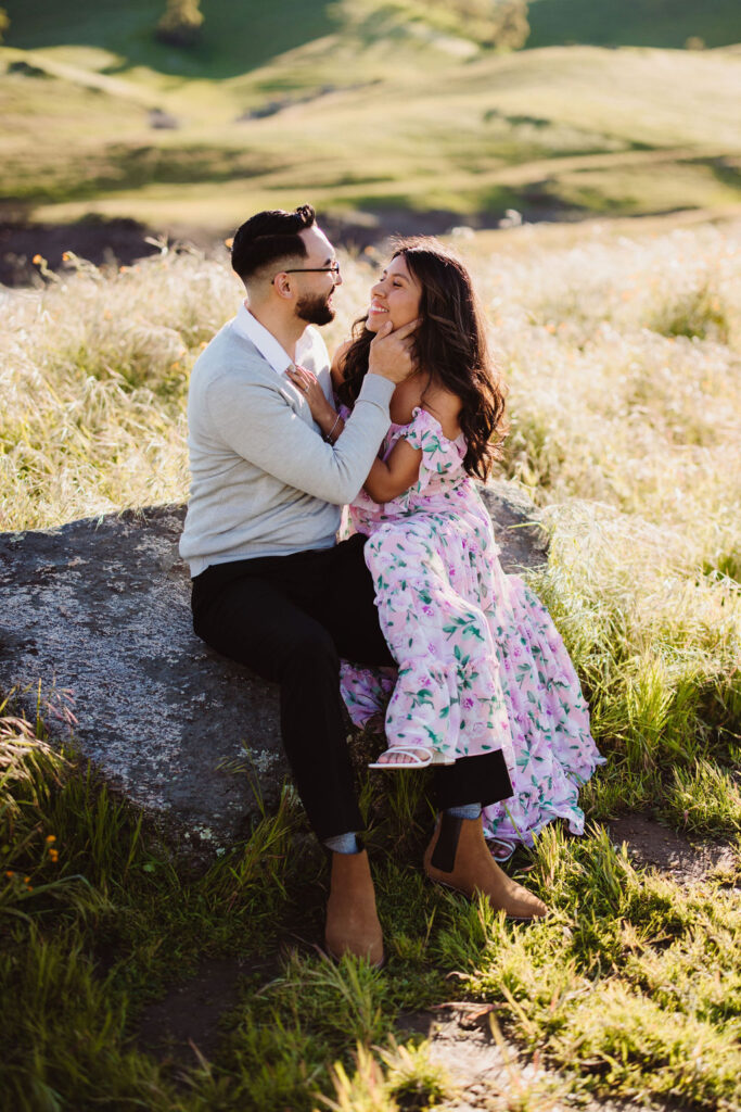 Couples wildflower engagement photos at Millerton Lake in the Central Valley of California
