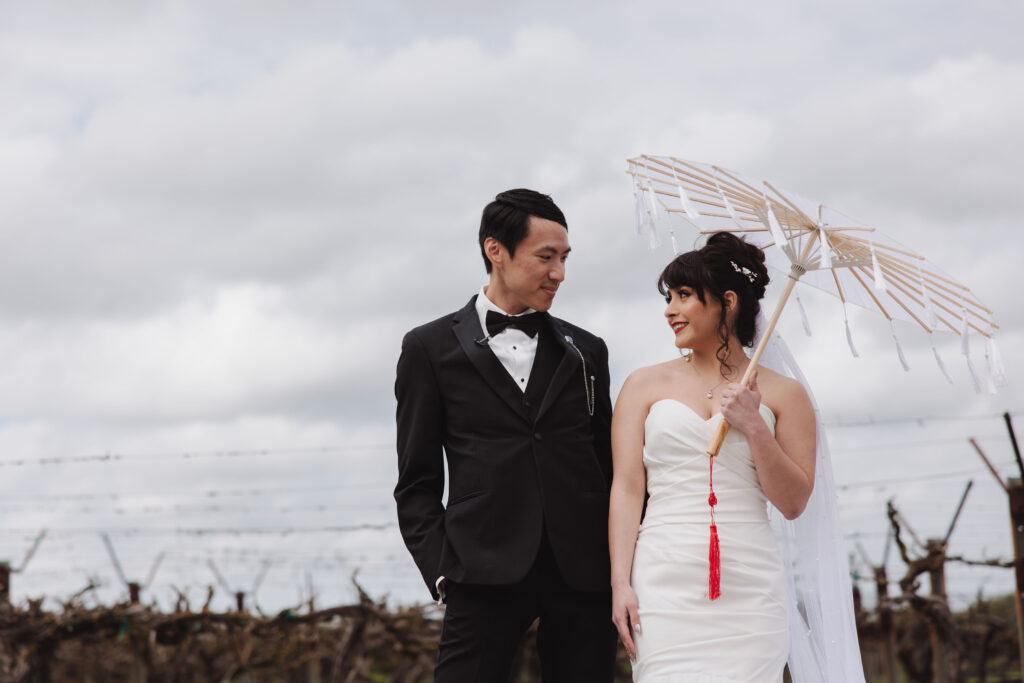 Bride and groom portraits for chinese tradition wedding at Evanelle Vineyards in California