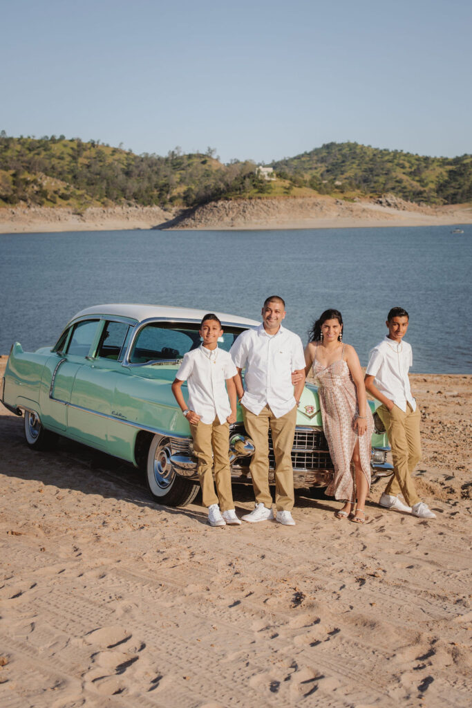 Spring family photoshoot at Millerton Lake with a vintage car