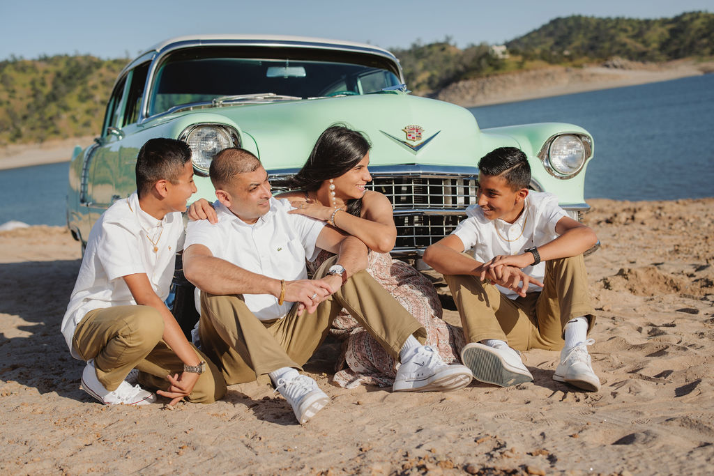 Spring family photoshoot at Millerton Lake with a vintage car