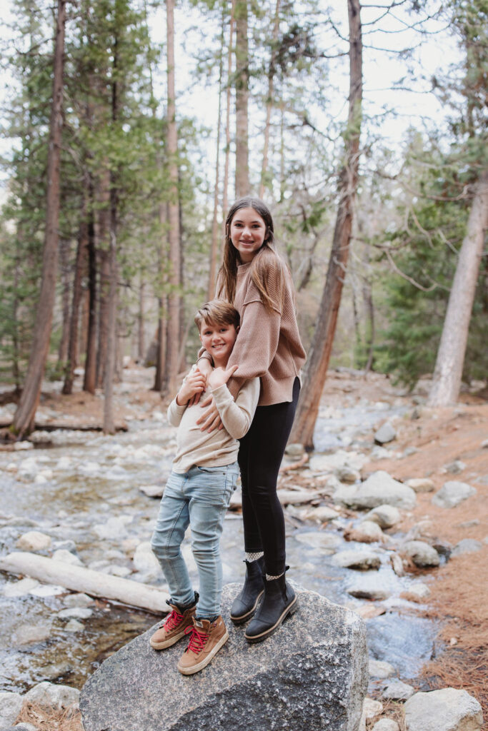 brother and sister posing on a rock