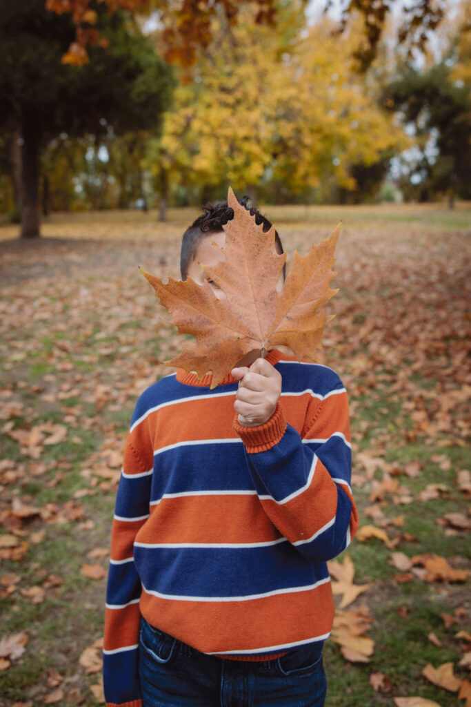 Boy holding a fall leaf
