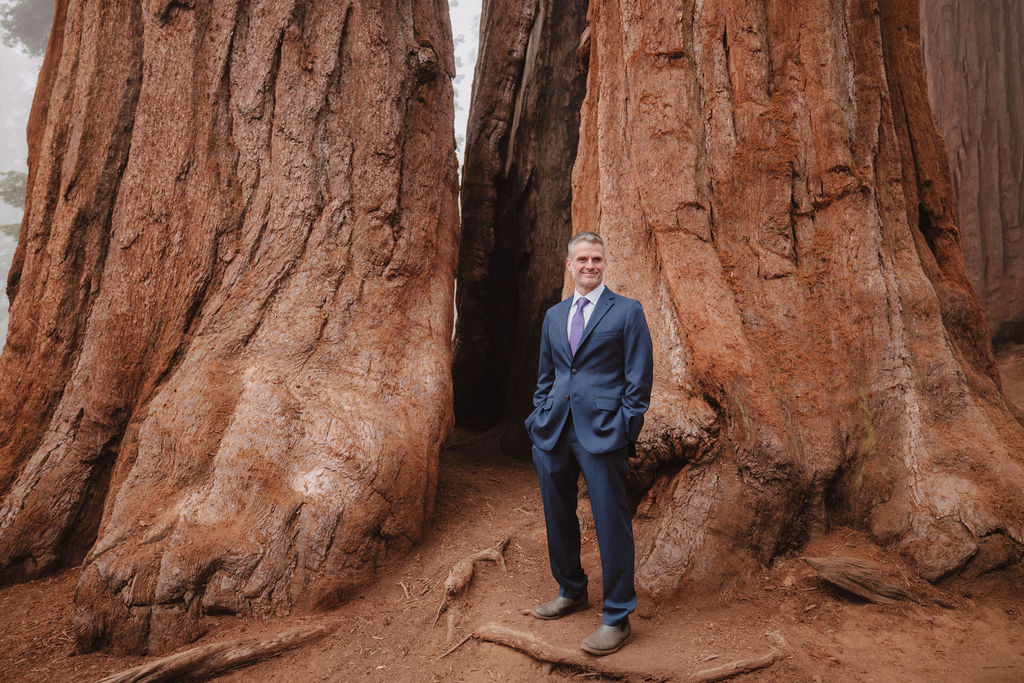 Groom portraits from a romantic and foggy Sequoia National Park elopement
