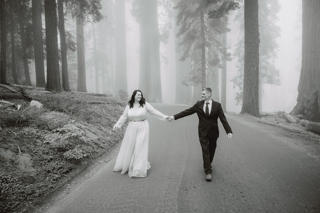 Bride and groom portraits from a romantic and foggy Sequoia National Park elopement