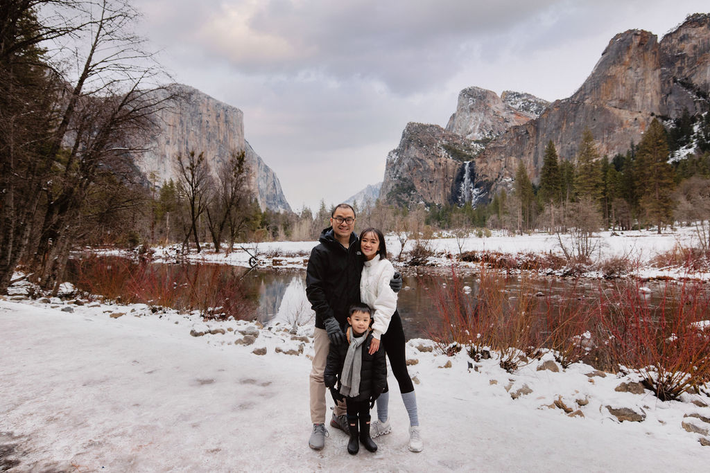 Family in the snow at yosemite