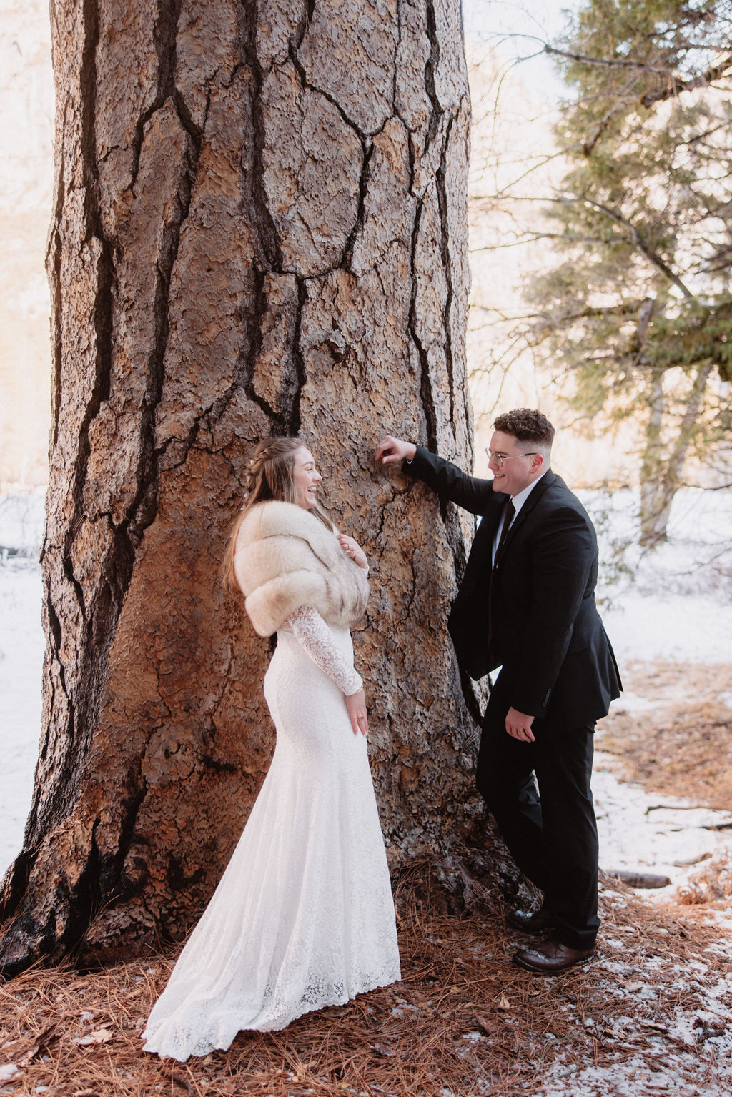 A couple dressed in wedding attire standing by a large tree in a snowy landscape.