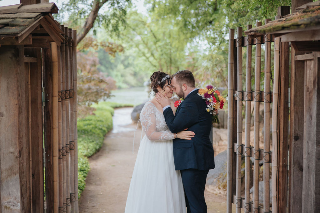 a garden wedding photoshoot for bride and groom
