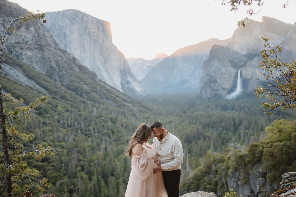 couple posing in the mountains for their family photos
