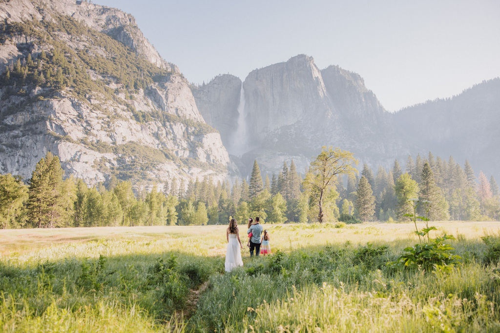 Family at Yosemite National park for their documentary style family photos walking into a meadow