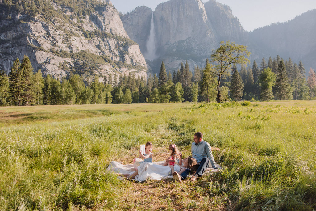 Family at Yosemite National park for their documentary style family photos walking into meadow and setting up a picnic 