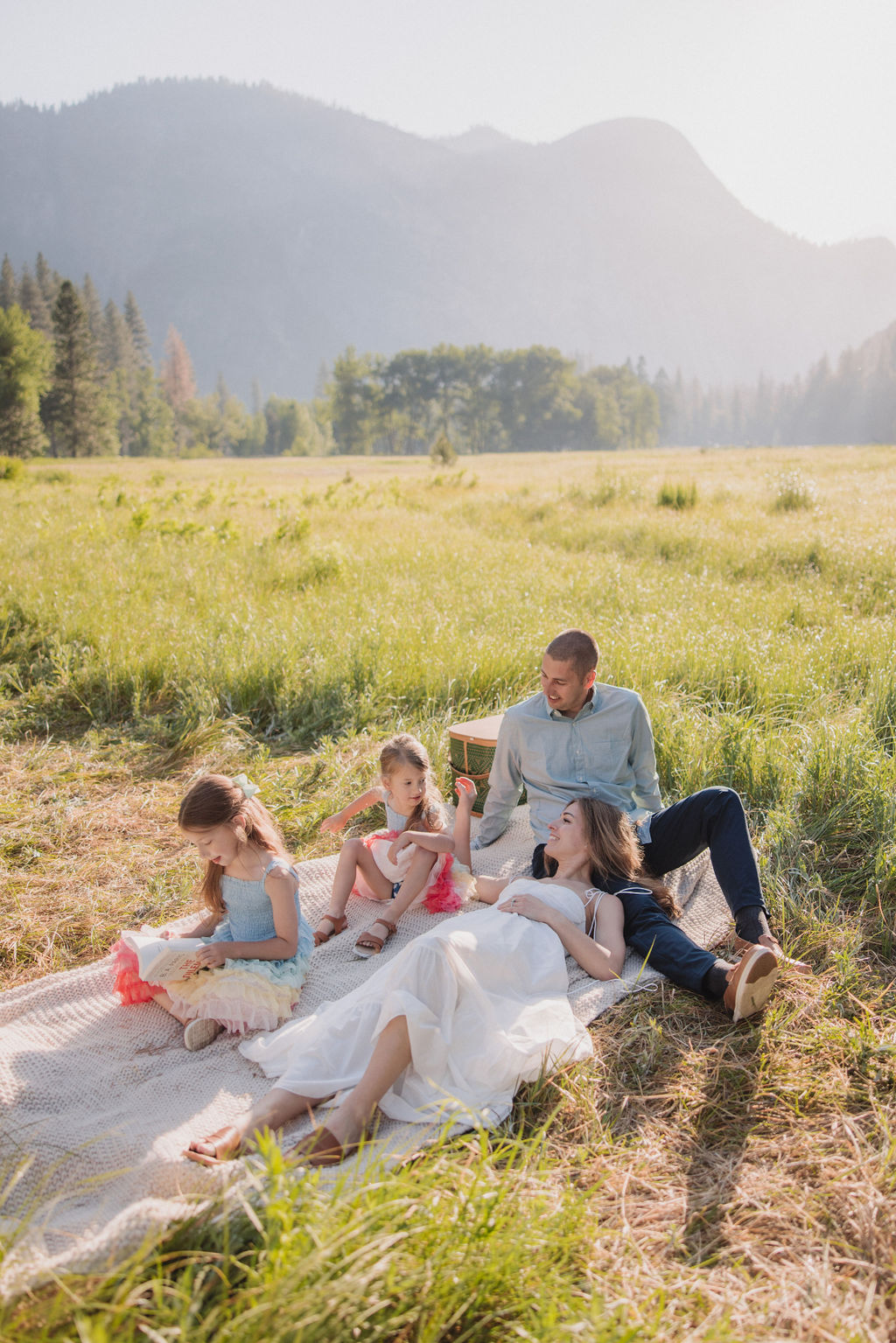 Family at Yosemite National park for their documentary style family photos walking into meadow and setting up a picnic 