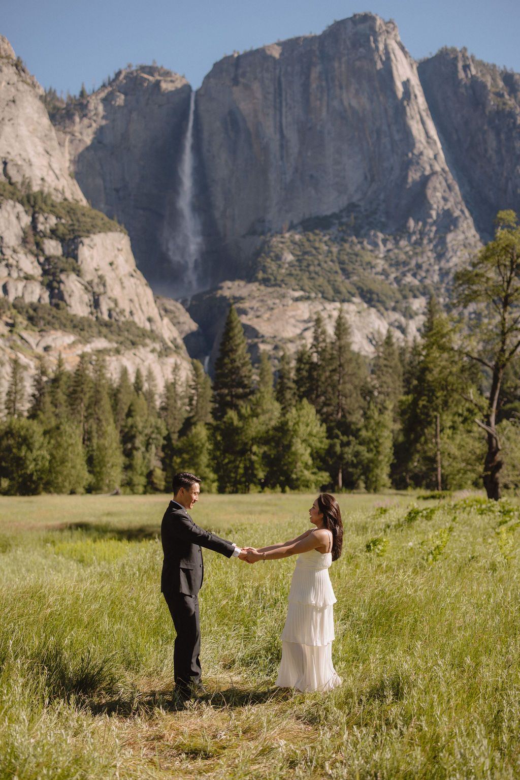 A couple in formal attire hold hands in a grassy field with a waterfall and towering cliffs in the background 