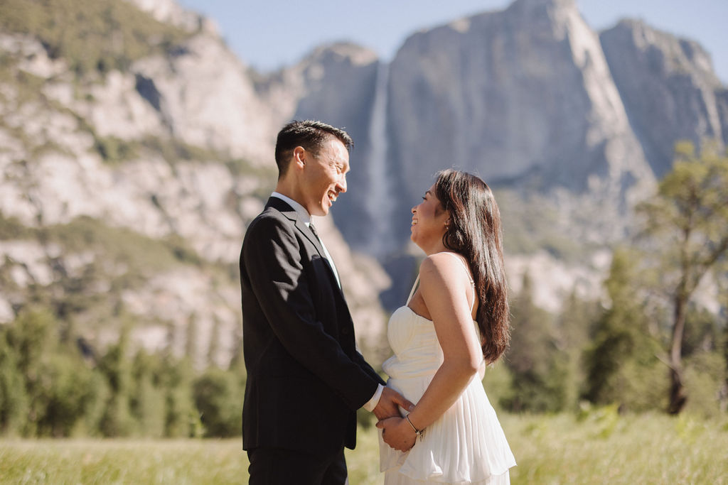 A couple in formal attire hold hands in a grassy field with a waterfall and towering cliffs in the background 