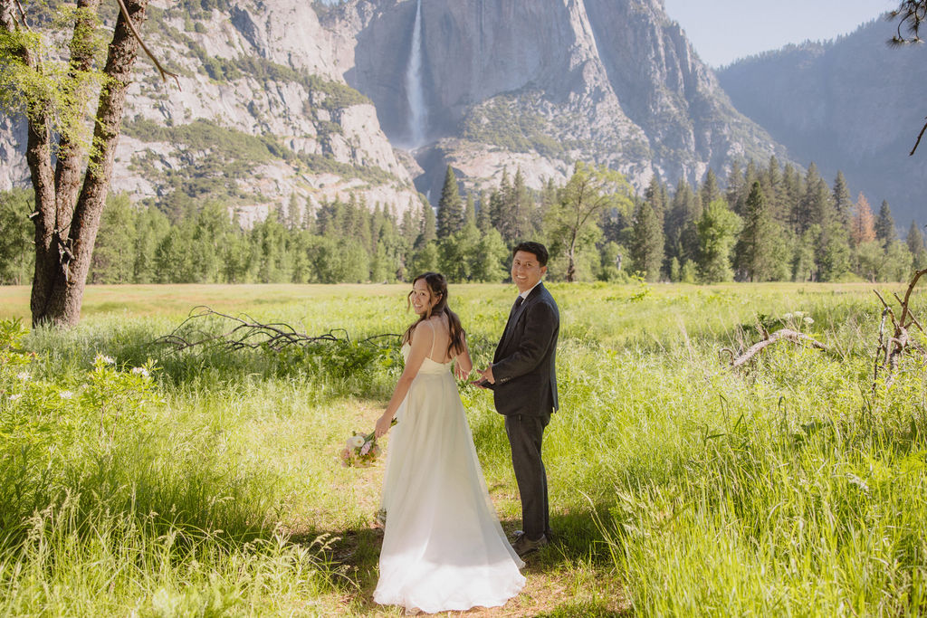 A bride and groom stand holding hands in a meadow with a mountain and waterfall in the background. The bride is holding a bouquet and both are looking away from the camera in Yosemite national park