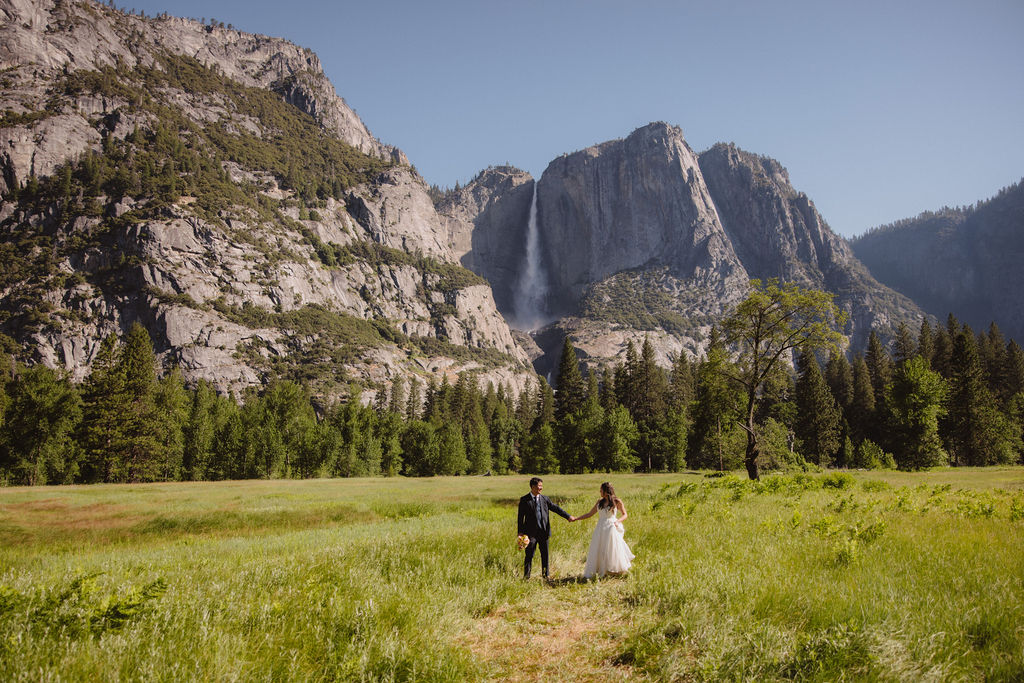 A bride and groom stand holding hands in a meadow with a mountain and waterfall in the background. The bride is holding a bouquet and both are looking away from the camera in Yosemite national park