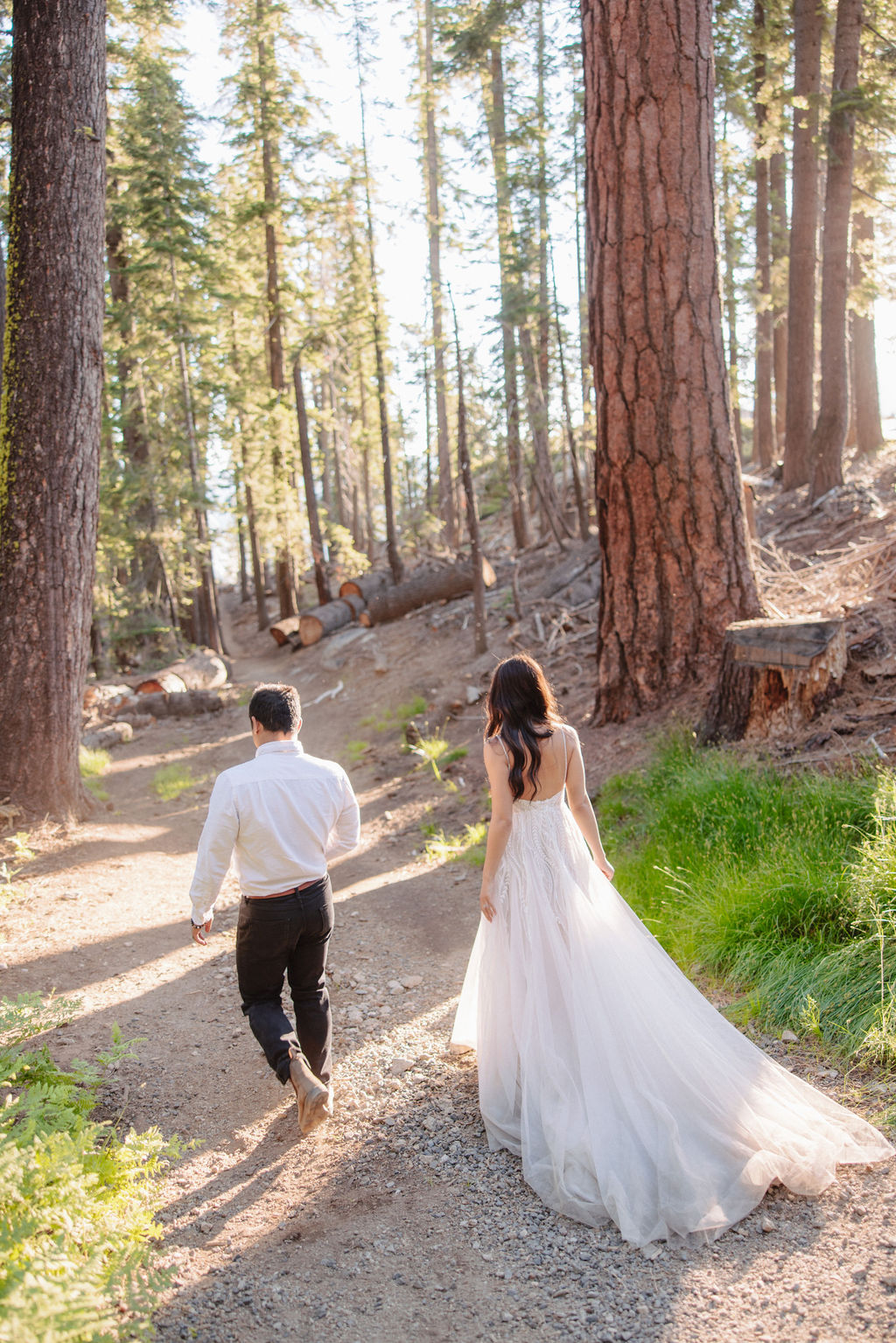 A couple walks along a forest path, with the woman in a white dress and the man in a white shirt and dark pants, surrounded by tall trees and sunlight filtering through.