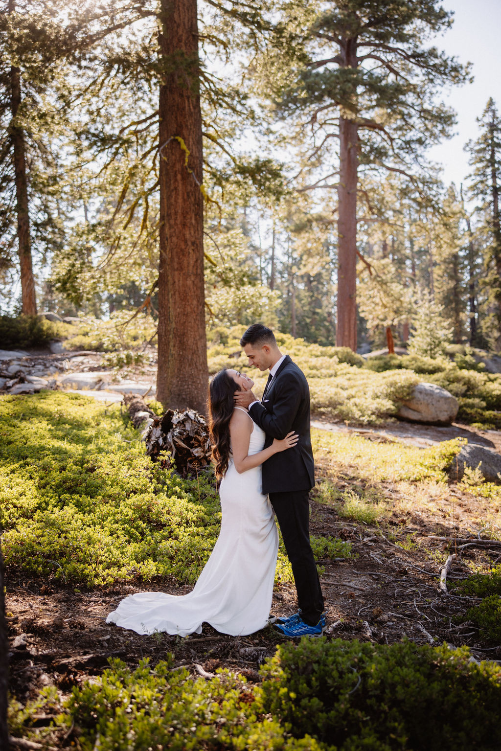 A couple dressed in wedding attire shares an intimate moment in a sunlit forest with tall trees and green foliage. What to pack for a yosemite elopement