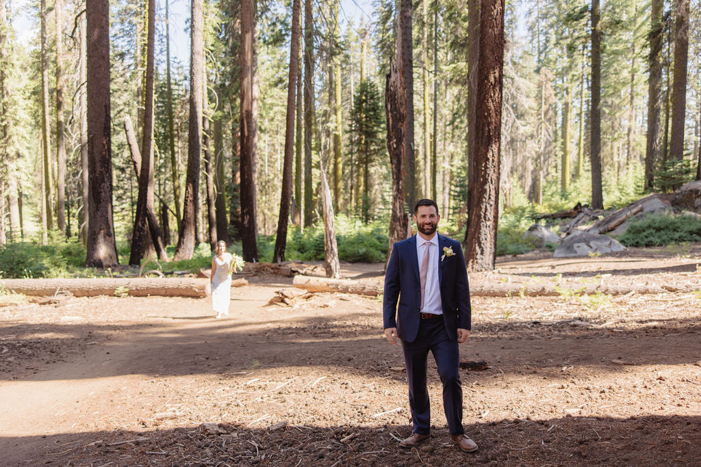 A man in a suit stands in a forest clearing with a woman in a white dress walking towards him from the background.
Top 5 reasons to elope in sequoia national park