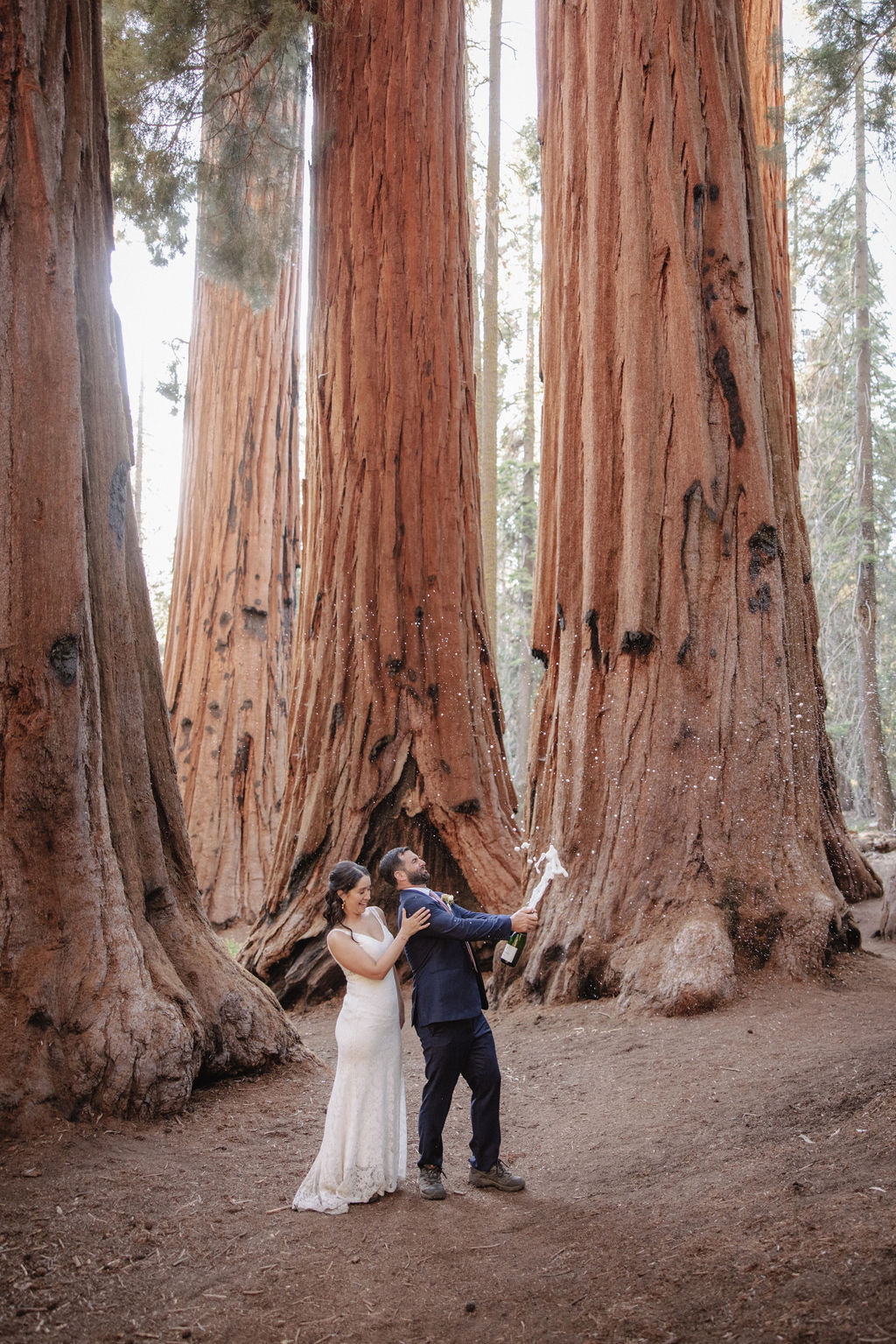 A couple in formal attire stands in a forest of large trees while the man pops a bottle of champagne, causing a spray of bubbles