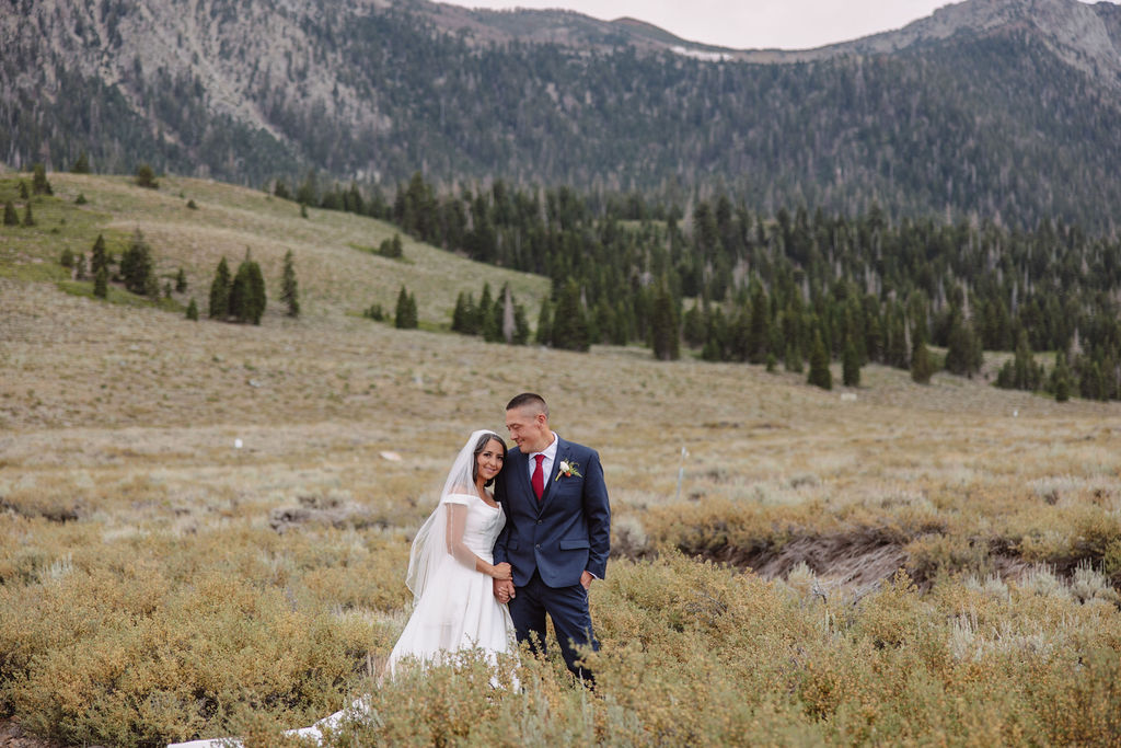 A bride in a white dress and groom in a suit stand in a vast, open field with mountains in the background, under a cloudy sky at mammoth lakes