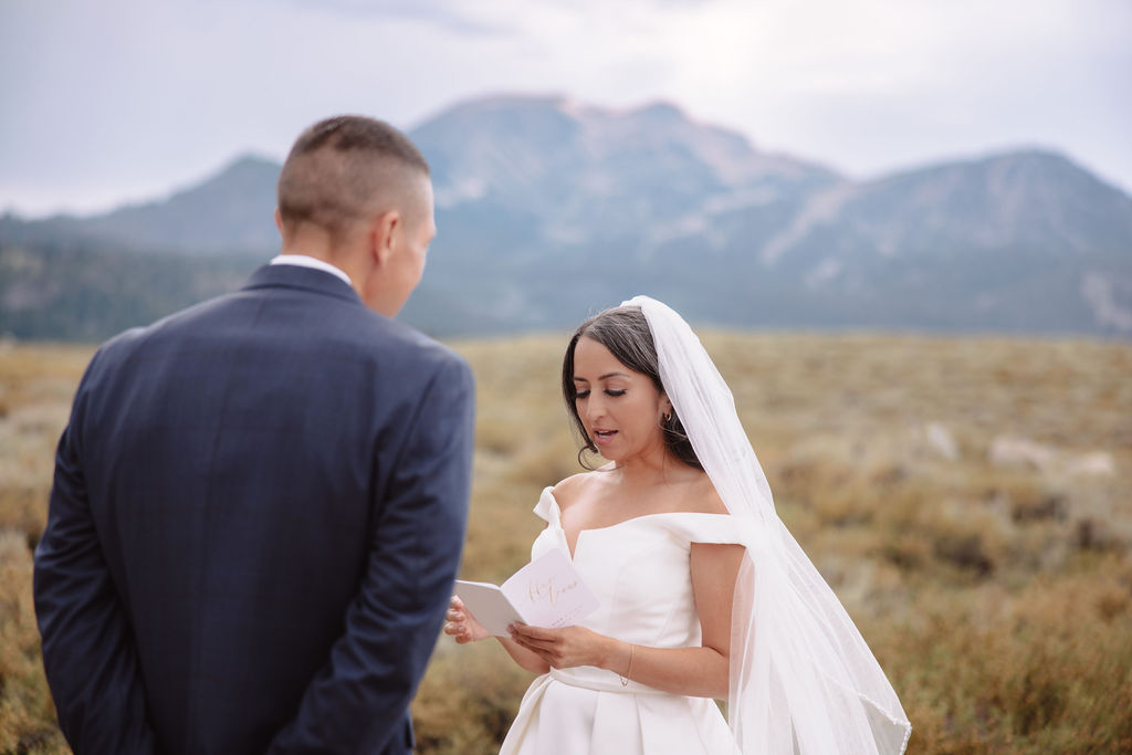 A wedding couple stands outdoors with mountains in the background. The bride, in a white gown and veil, reads from a piece of paper while the groom, in a dark suit, listens to her vows for a mammoth lakes elopement 