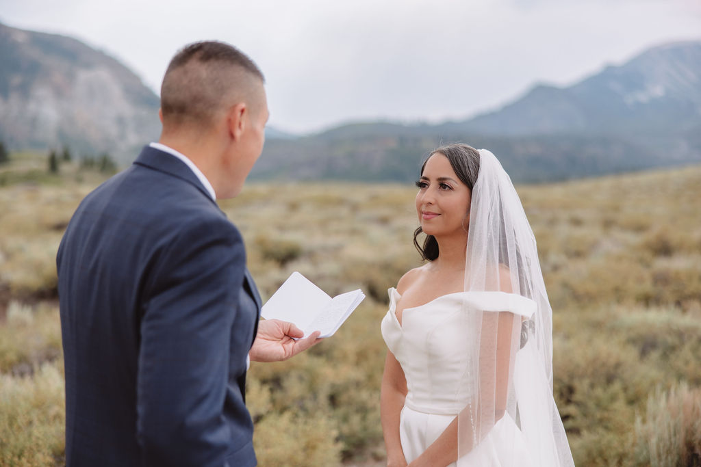 A wedding couple stands outdoors with mountains in the background. The bride, in a white gown and veil, reads from a piece of paper while the groom, in a dark suit, listens to her vows for a mammoth lakes elopement 