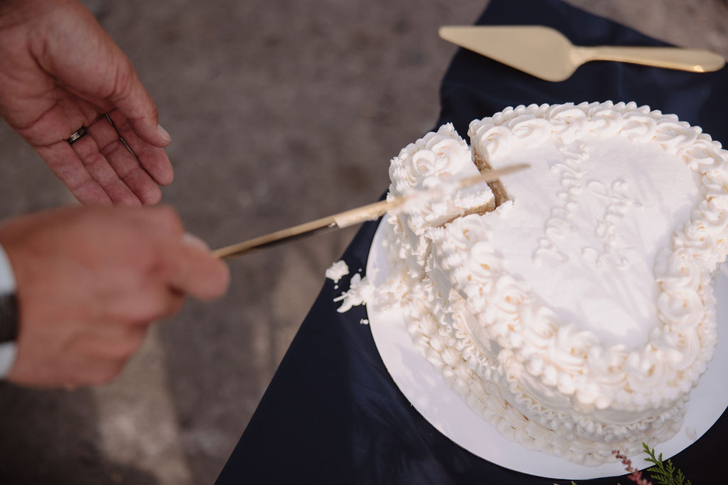 A heart-shaped white cake with the words "Just Married" inscribed on it, surrounded by piped icing. A cake server and knife are placed beside the cake on a dark tablecloth.