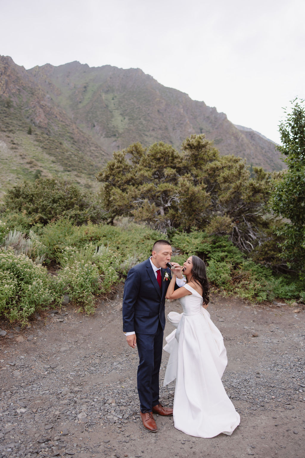 A bride in a white dress and a groom in a dark suit stand outdoors, reading from a book during their wedding ceremony, with mountains and greenery in the background.