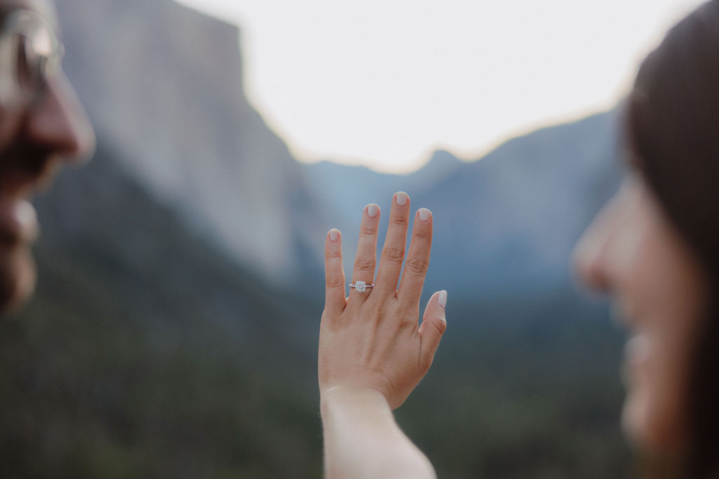 A person holds up their hand displaying an engagement ring with a blurred natural landscape in the background.