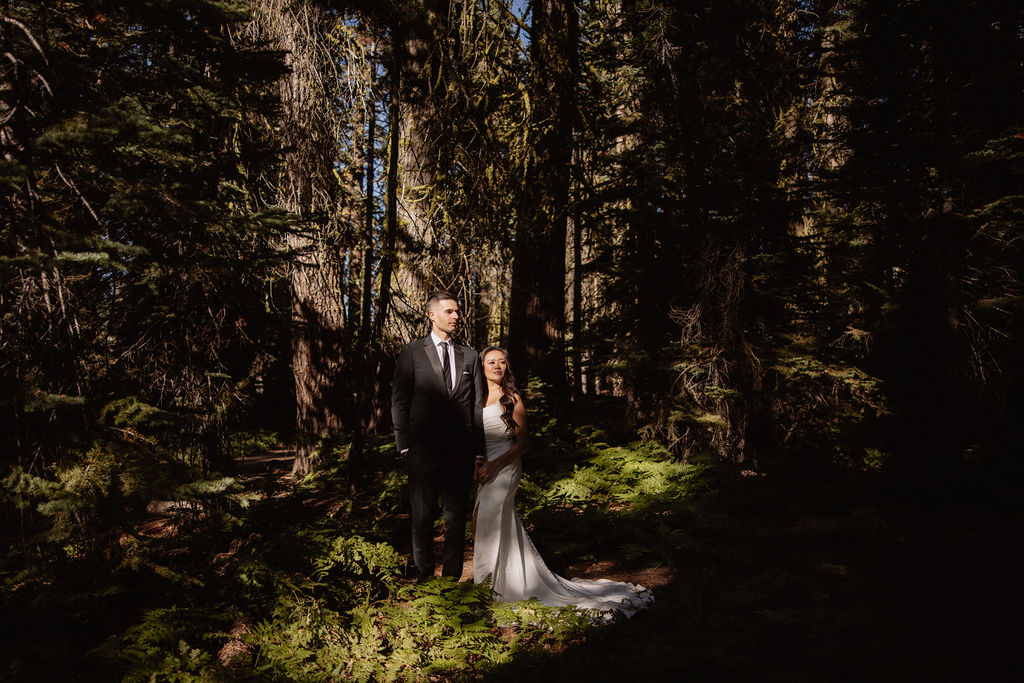 couple hiking through the woods during their yosemite elopement| best views at Yosemite National Park