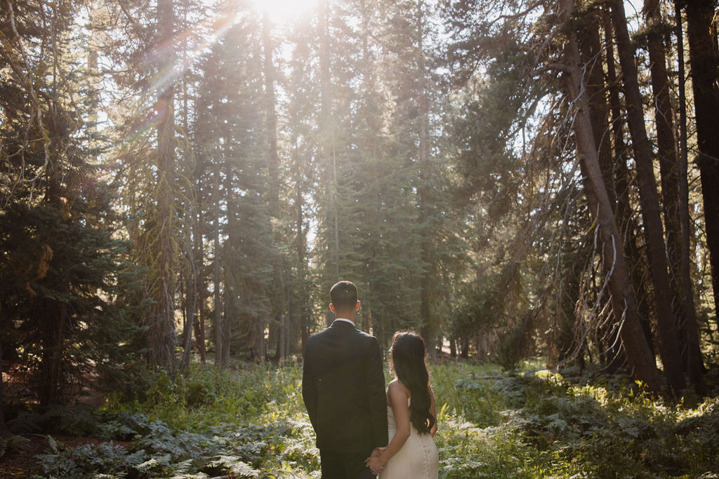 couple hiking through the woods during their yosemite elopement| best views at Yosemite National Park