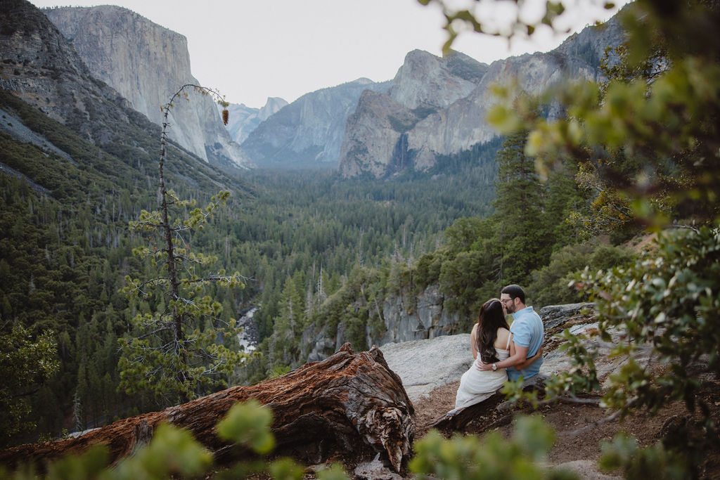 A couple sits on a fallen log, embracing while overlooking a lush, mountainous landscape for their Yosemite National Park Engagement Photos 