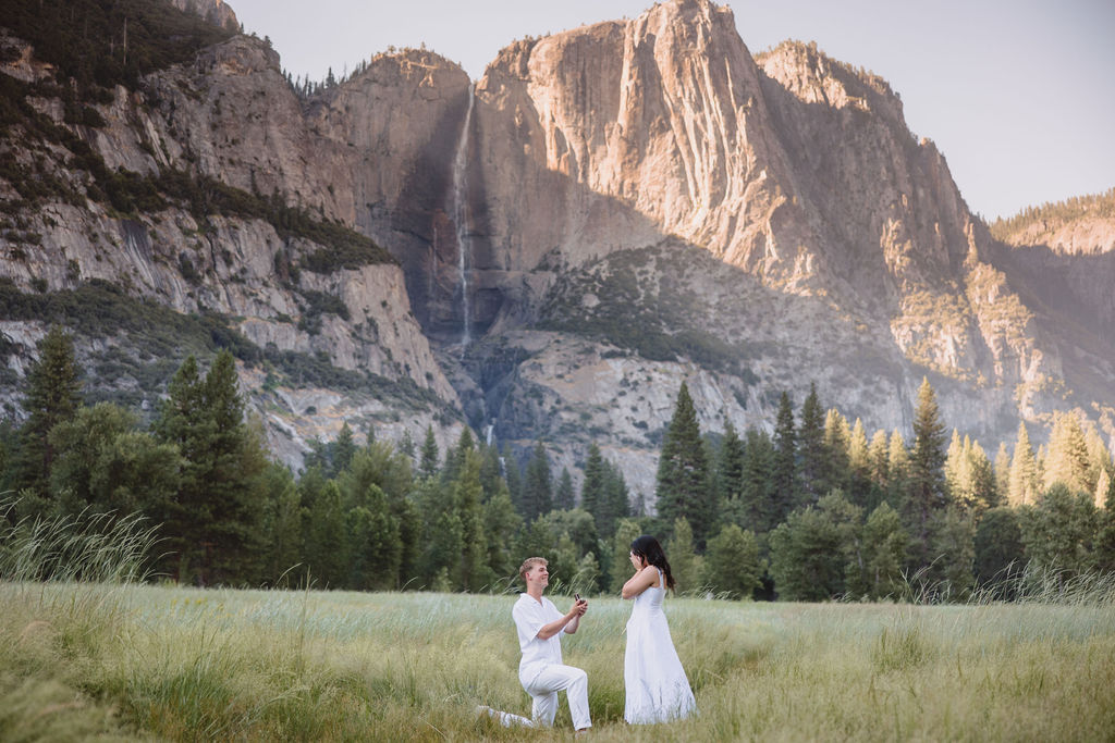 A couple in white attire stands in a grassy meadow with a backdrop of tall mountains and a waterfall.