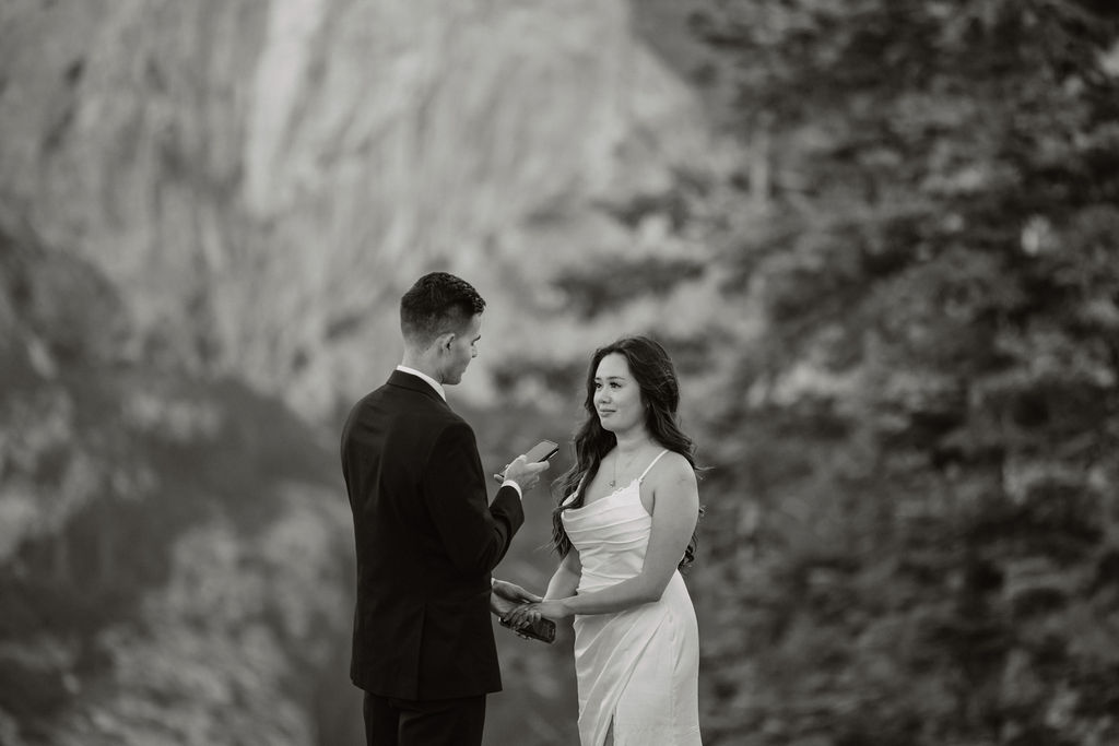 A couple dressed in wedding attire stands on a mountain ledge overlooking a vast rocky landscape with a prominent peak in the background. 