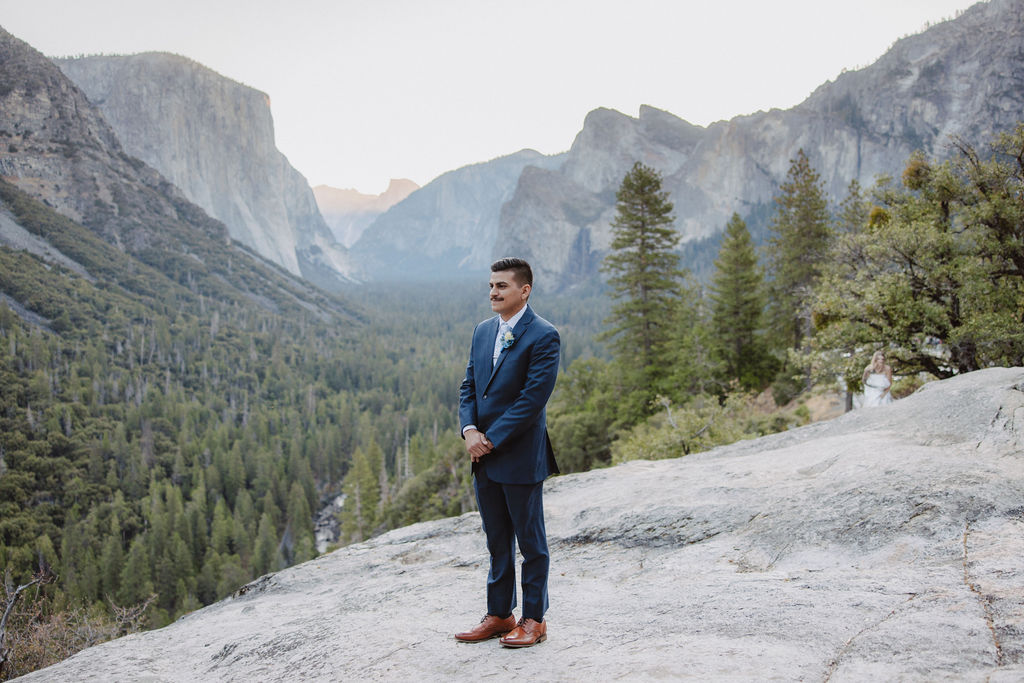 A person in a suit stands on a rocky overlook with a view of a forested valley and mountains in the background.