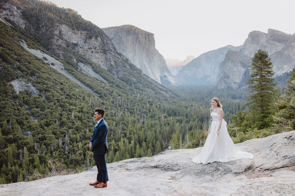 Bride and groom standing on a rocky ledge with a forested valley and mountains in the background.