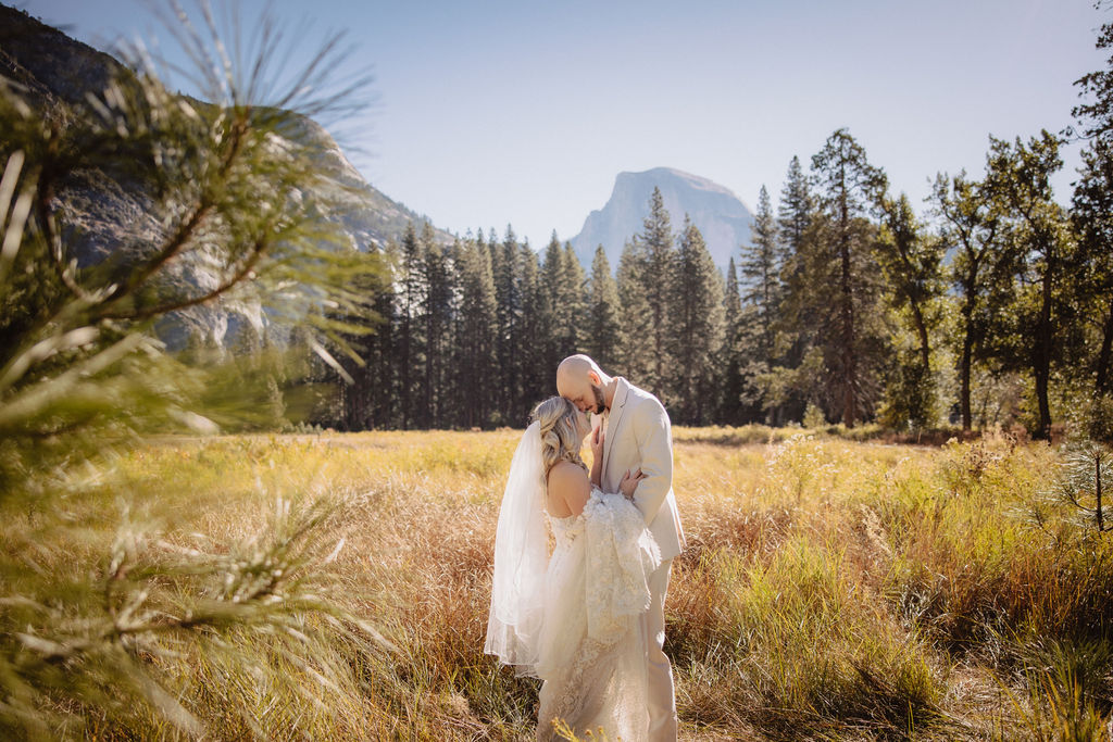 bride and groom take wedding portraits at Yosemite valley for their yosemite wedding