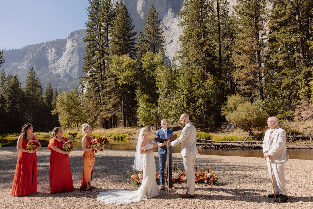 A couple exchanges vows outdoors with a person officiating. Four people stand on one side holding bouquets, and one stands on the other side. Tall trees and a mountain are in the background.