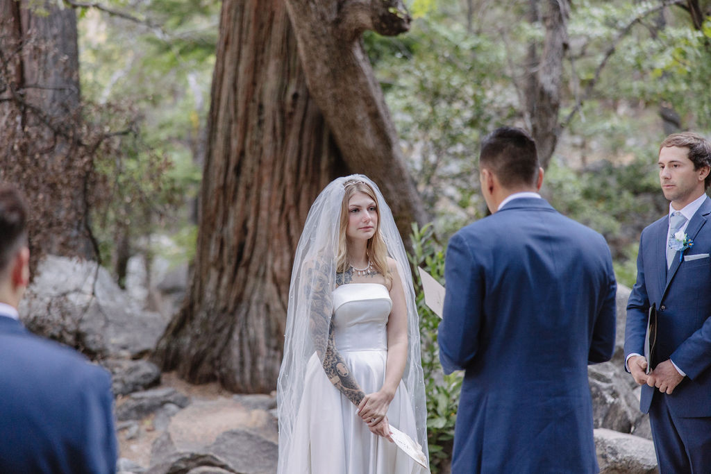 A wedding ceremony taking place outdoors near a waterfall, surrounded by trees. The couple stands with an officiant, while two other people stand nearby.