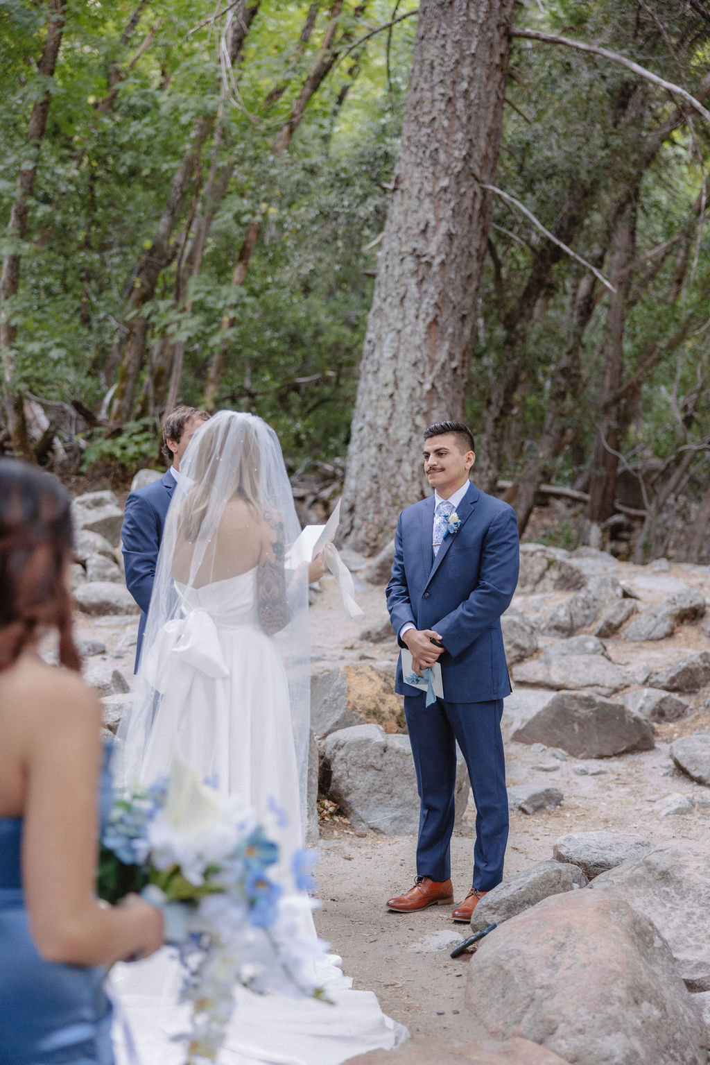 A wedding ceremony taking place outdoors near a waterfall, surrounded by trees. The couple stands with an officiant, while two other people stand nearby.