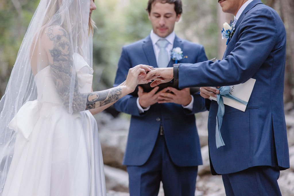 A wedding ceremony taking place outdoors near a waterfall, surrounded by trees. The couple stands with an officiant, while two other people stand nearby.