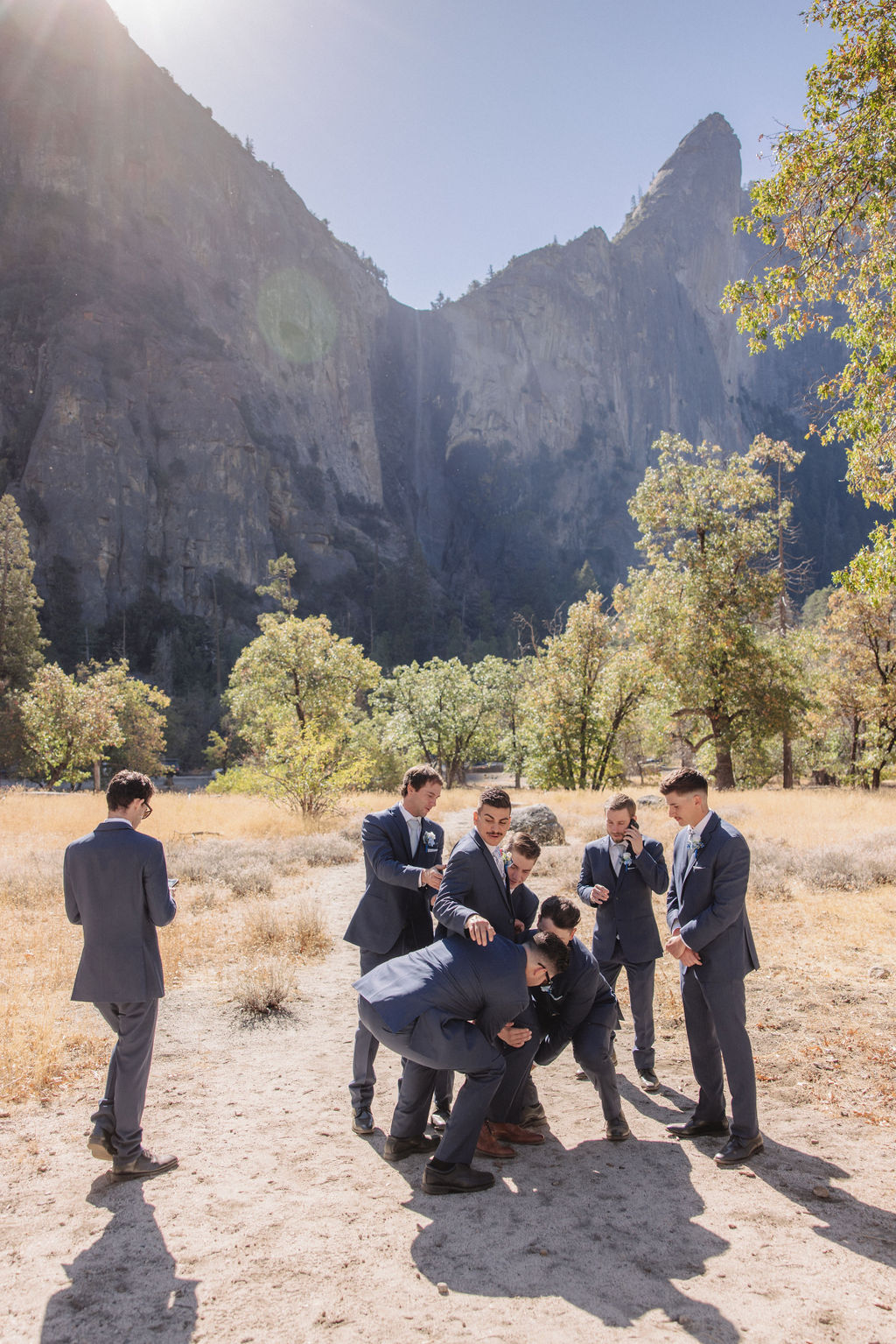 A group of men in suits poses playfully in a sunlit field with mountains in the background.