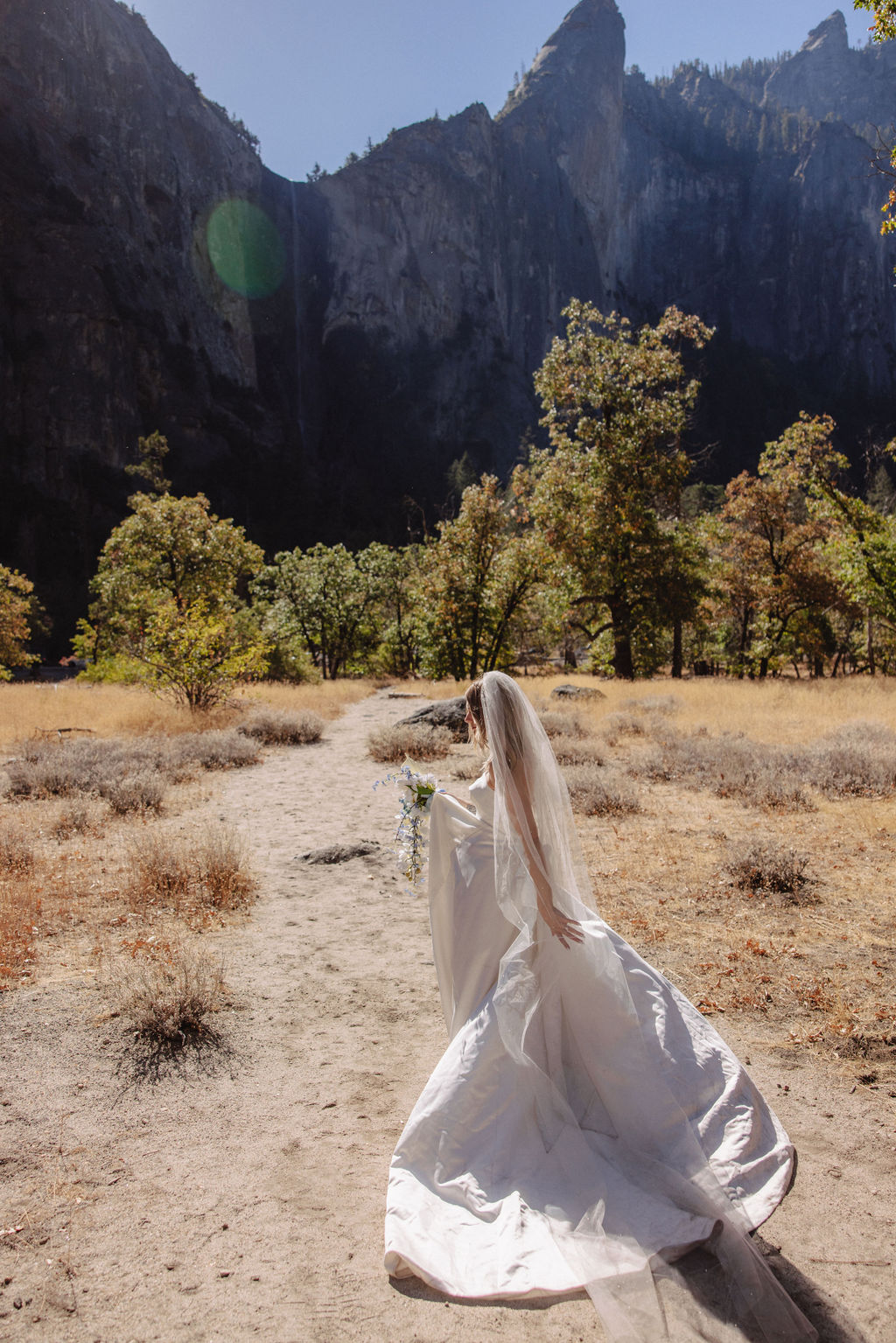 Bride in a strapless white dress and veil stands holding a bouquet in a sunlit, rocky landscape with mountains and sparse trees in the background.