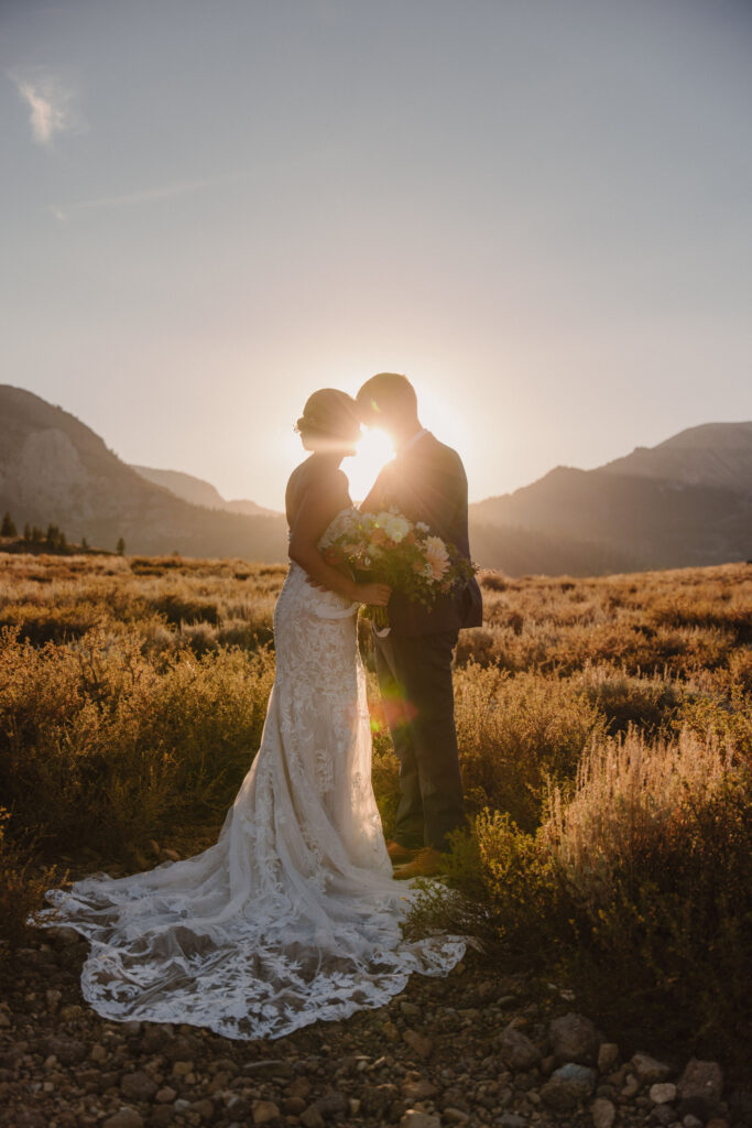 A bride in a strapless lace wedding dress holds a bouquet while standing on a green lawn with trees and mountains in the background.