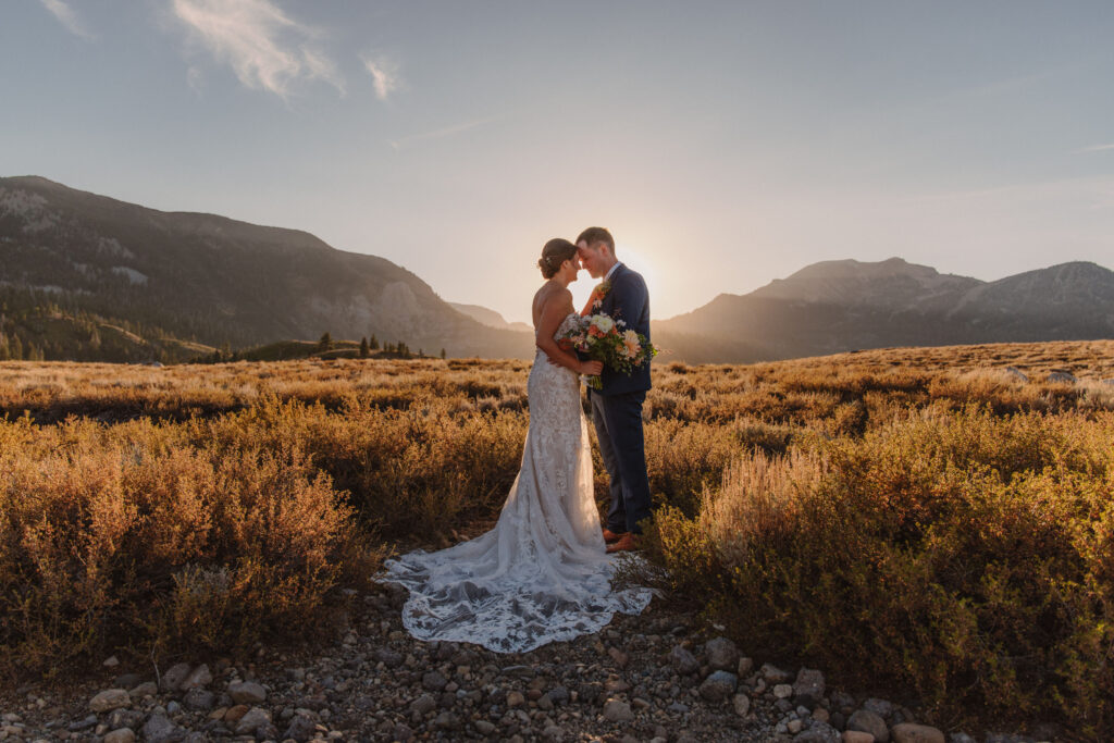 A bride in a strapless lace wedding dress holds a bouquet while standing on a green lawn with trees and mountains in the background.